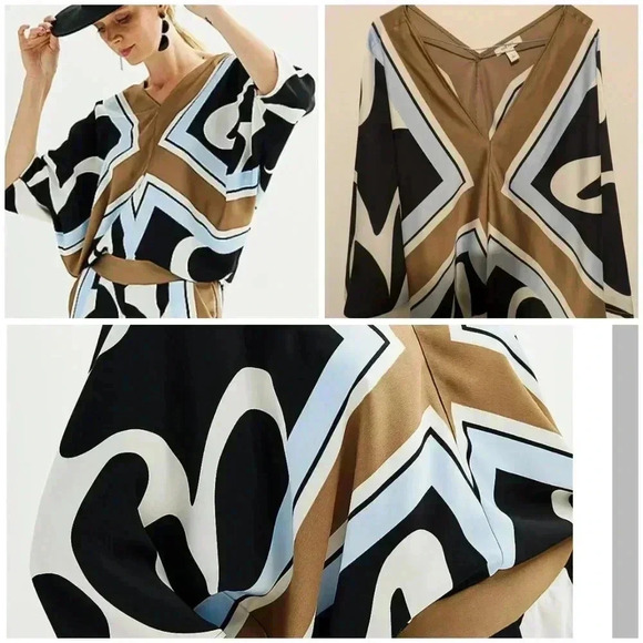 Nine West Tops - Nine West Loose Fit satin Black and White abstract Blouse Size L